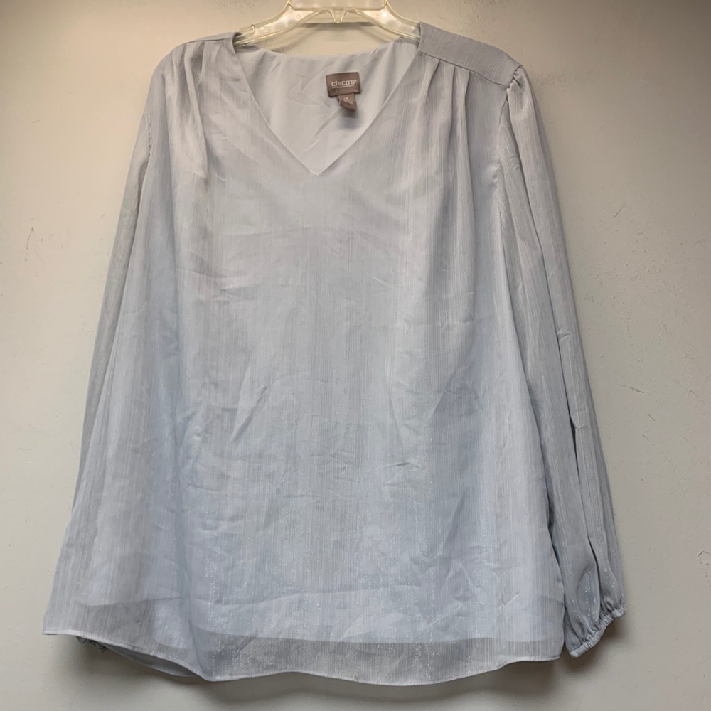 Chico's Blouse Womens 3 Light Blue Good Shimmer V-Neck Lined Balloon Sleeve